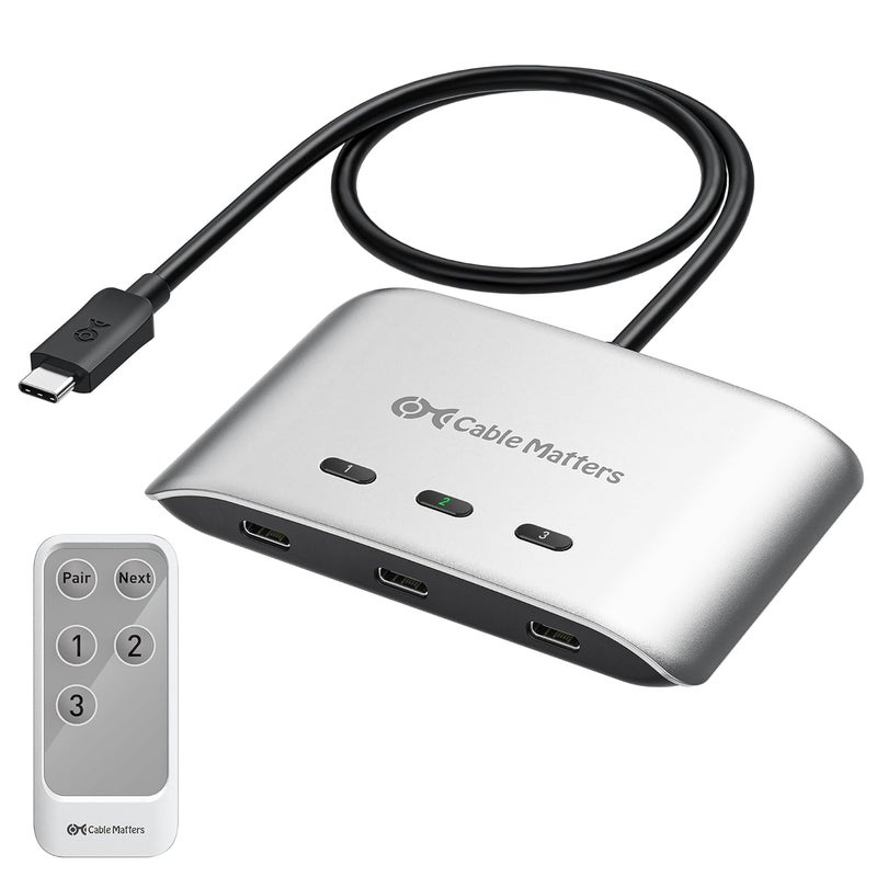 CableMatters 20Gbps USB C Switch, 3-in-1-Out, Supports Up to 8K@30Hz on Windows, 4K@60Hz on macOS, 140W PD, for Sharing a USB-C/Thunderbolt 4 Monitor or Dock (Not Work with Captive Cable Docks) - Image 1